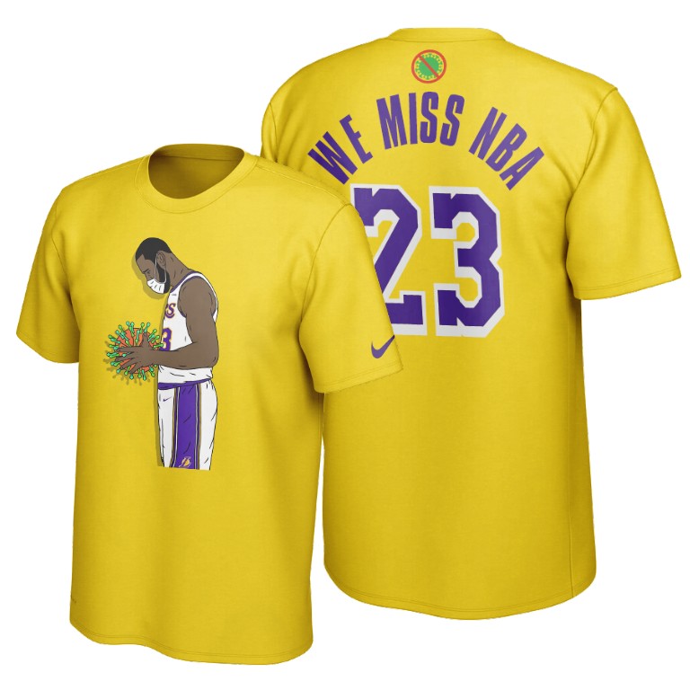 Men's Los Angeles Lakers LeBron James #23 NBA We Miss Fight COVID-19 Yellow Basketball T-Shirt QVF3583QA
